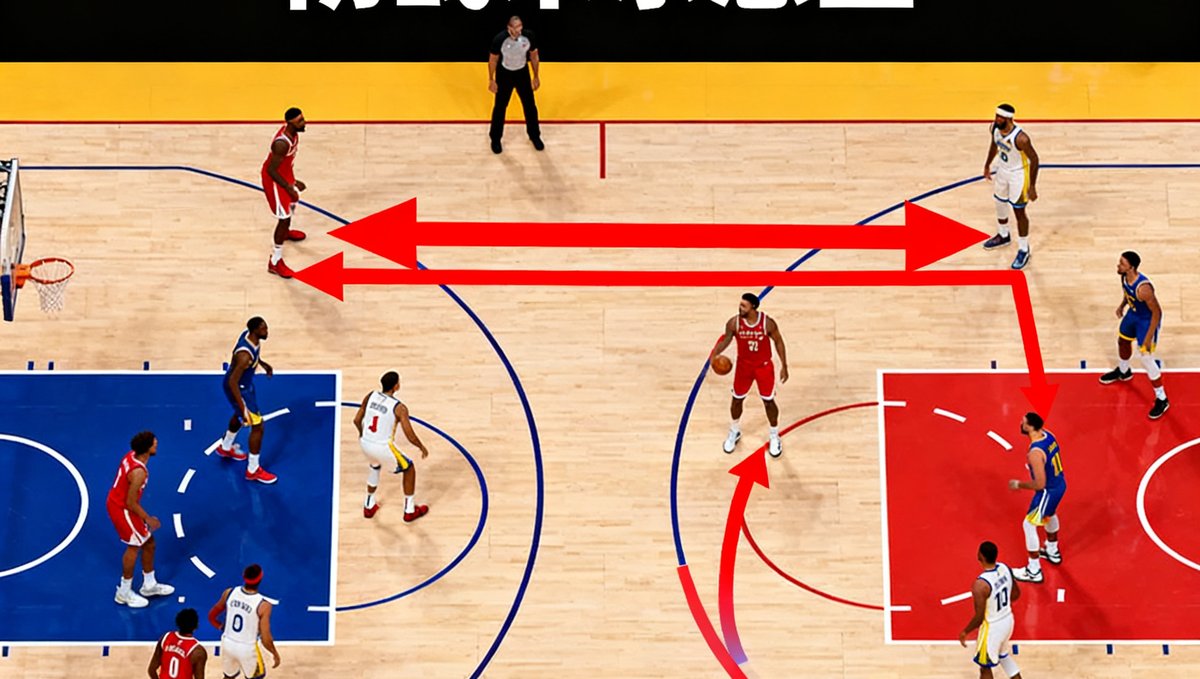 2025年NBA总决赛战术分析文章配图，展示球场上两支球队的攻防站位示意图，红色和蓝色箭头标注了关键战术路线